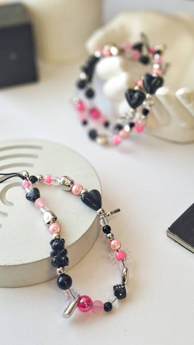 بند آویز قلب و مروارید صورتی